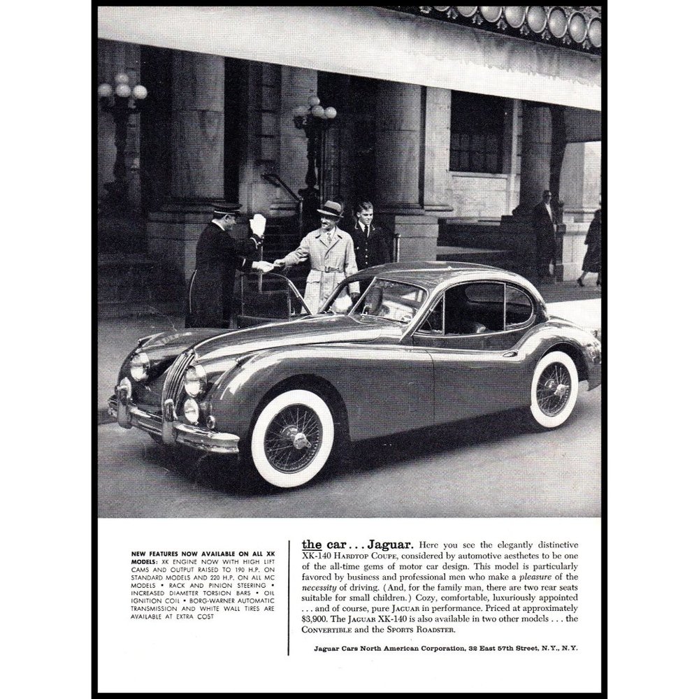 1956 Jaguar XK140 Hardtop Coupe Vintage Print Ad Hotel Valet Classic Car Art